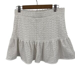 Queen of Sparkles Mini Skirt Women L White Excellent Pearl Rhinestone Ruffle Hem